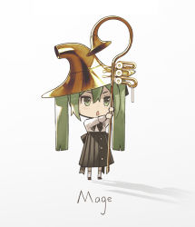 Rule 34 | 1girl, arms up, black skirt, chibi, chinese commentary, commentary, english text, full body, green eyes, green hair, hat, hatsune miku, highres, holding, holding staff, improvised weapon, instrument, kieed, long hair, open mouth, pleated skirt, shadow, shirt, skirt, solo, staff, standing, triangle mouth, tuba, twintails, v-shaped eyebrows, very long hair, vocaloid, white background, white shirt, witch hat