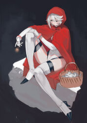 Rule 34 | 1girl, basket, black background, black footwear, boots, bracelet, bukimi isan, cape, elbow gloves, fire, fire, full body, gloves, highres, holding, hood, hood up, hooded cape, jewelry, knee up, leotard, red cape, short hair, shy (character), shy (series), solo, swept bangs, thigh boots, white footwear, white gloves, white leotard