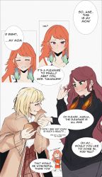 Rule 34 | 3girls, absurdres, blonde hair, blue eyes, blush, detective, earrings, english text, feather earrings, feathers, flirting, gradient hair, highres, holding, hololive, hololive english, jewelry, long hair, mamatori, mother and daughter, multicolored hair, multiple girls, orange hair, pink hair, purple eyes, shirt, short hair, takanashi kiara, undecided404, virtual youtuber, watson amelia