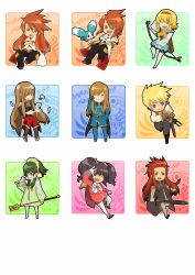 Rule 34 | 00s, 3girls, 5boys, :d, adjusting eyewear, ahoge, anise tatlin, aqua eyes, asch (tales), bird, blonde hair, blue eyes, boots, bow (weapon), brown hair, cape, chibi, choker, coat, collar, creature, crossed arms, dual persona, fighting stance, flower, full body, glasses, gloves, green eyes, green hair, guy cecil, hair over one eye, hair tubes, hairband, hand in pocket, happy, headgear, highres, ion (tales), jade curtiss, long hair, luke fon fabre, midriff, mieu (tales), multicolored hair, multiple boys, multiple girls, natalia luzu kimlasca lanvaldear, one eye closed, open mouth, orange hair, pants, petals, ready to draw, red eyes, red hair, red legwear, running, scabbard, sheath, shiki 123, shoes, short hair, short hair with long locks, sidelocks, smile, spiked hair, staff, surcoat, sword, tales of (series), tales of the abyss, tear grants, thigh boots, thighhighs, twintails, v, weapon, white gloves, white legwear, wink