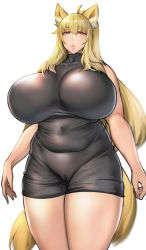 Rule 34 | 1girl, animal ears, blonde hair, breasts, cameltoe, cleavage, cleft of venus, curvy, fox ears, fox girl, fox tail, highres, huge breasts, kitsune, long hair, parted lips, pepe (jonasan), red eyes, solo, standing, tagme, tail, thick thighs, thighs