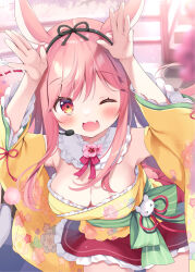 Rule 34 | 1girl, ;d, animal ears, arms up, bare shoulders, blush, bow, breasts, cleavage, commentary request, detached sleeves, fang, floral print, frilled skirt, frills, green bow, hair between eyes, headset, long hair, long sleeves, looking at viewer, medium breasts, one eye closed, open mouth, original, pan (mimi), pink hair, print sleeves, rabbit ears, rabbit pose, red eyes, red skirt, skirt, smile, solo, striped bow, very long hair, wide sleeves, yellow sleeves, yukimi (pan (mimi))