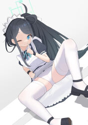Rule 34 | 1girl, absurdres, apron, aqua halo, aris (blue archive), aris (maid) (blue archive), black dress, black footwear, black hair, black wristband, blue archive, blue bow, blue bowtie, blue eyes, blue halo, bow, bow panties, bowtie, clothes lift, commentary request, dodo24850918, dress, flat chest, hair between eyes, halo, hand up, highres, index finger raised, lifting own clothes, long hair, looking at viewer, maid headdress, official alternate costume, one eye closed, panties, partial commentary, puffy short sleeves, puffy sleeves, rectangular halo, short sleeves, sidelocks, sitting, skirt, skirt lift, smile, solo, spread legs, thighhighs, thighs, underwear, very long hair, white apron, white background, white panties, white thighhighs