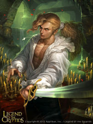 Rule 34 | 1boy, blonde hair, blue eyes, candle, copyright name, cross, fire, jewelry, legend of the cryptids, long hair, low ponytail, male focus, necklace, official art, open clothes, open shirt, petals, solo, sword, weapon, woo chul lee