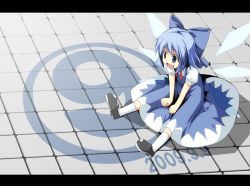 Rule 34 | 1girl, blue eyes, blue hair, bow, circled 9, cirno, fujy, letterboxed, mary janes, matching hair/eyes, revision, ribbon, shoes, short hair, sitting, solo, touhou