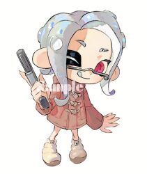Rule 34 | 1girl, :q, closed mouth, commentary request, dot nose, eyebrow cut, full body, glasses, grey hair, gun, holding, holding gun, holding weapon, jacket, long hair, miko (15476997), n-zap (splatoon), nintendo, octoling, octoling girl, octoling player character, one eye closed, red eyes, red jacket, simple background, sleeves past wrists, smile, solo, splatoon (series), splatoon 3, standing, tentacle hair, tongue, tongue out, watermark, weapon, white background