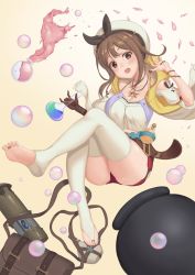 Rule 34 | 1girl, atelier (series), atelier ryza, atelier ryza 1, baeg mi, bare shoulders, belt, breasts, bridal legwear, brown eyes, brown gloves, brown hair, bubble, cleavage, flask, full body, gloves, hair ornament, hairclip, hands up, highres, jewelry, leg up, looking at viewer, medium breasts, necklace, off-shoulder shirt, off shoulder, open mouth, red shorts, reisalin stout, round-bottom flask, shirt, short hair, short shorts, shorts, single glove, skindentation, sleeveless, sleeveless jacket, solo, star (symbol), star necklace, surprised, teeth, thighhighs, thighs, upper teeth only, vial, white headwear, white thighhighs