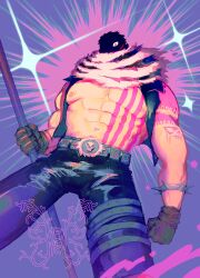 Rule 34 | 1boy, abs, arm tattoo, bara, bare pectorals, belt, bracelet, charlotte katakuri, chest tattoo, cowboy shot, eyed silhouette, face in shadow, facial scar, gloves, highres, holding, holding polearm, holding weapon, jewelry, large pectorals, looking at viewer, male focus, mewiyev, multiple belts, muscular, muscular male, nipples, one piece, open clothes, open vest, pectorals, polearm, red eyes, scar, scar on cheek, scar on face, scarf, short hair, signature, silhouette, skull belt, sleeveless, solo, sparkle, spiked bracelet, spikes, tattoo, thigh belt, thigh strap, veins, veiny arms, vest, weapon