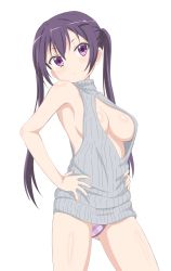 Rule 34 | 1girl, armpits, bare arms, bare shoulders, breasts, cleavage cutout, closed mouth, clothing cutout, commentary request, cowboy shot, dress, gochuumon wa usagi desu ka?, grey sweater, hair between eyes, hair ornament, hairclip, hands on own hips, highres, large breasts, long hair, meme attire, no bra, panties, plaid, plaid panties, purple eyes, purple hair, purple panties, ribbed sweater, simple background, sincos, sleeveless, sleeveless turtleneck, solo, standing, sweater, sweater dress, tedeza rize, turtleneck, turtleneck sweater, underwear, virgin killer sweater, white background