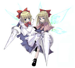 Rule 34 | 2girls, blonde hair, blue eyes, bow, doll joints, female focus, hair bow, hourai doll, joints, lance, large bow, long hair, multiple girls, polearm, shanghai doll, short hair, simple background, tadano kagekichi, touhou, weapon, white background, wings