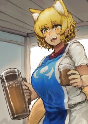 Rule 34 | 1girl, :d, absurdres, alcohol, animal ears, beer, blonde hair, brooch, chanta (ayatakaoisii), cowboy shot, fox ears, fox tail, highres, holding, incoming drink, jewelry, looking at viewer, open mouth, shirt, short sleeves, skirt, slit pupils, smile, solo, standing, tabard, tail, tankard, touhou, white shirt, white skirt, yakumo ran, yellow eyes