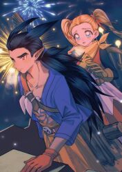 Rule 34 | 1boy, 1girl, black hair, black shirt, blonde hair, blue eyes, blue jacket, blush, brown gloves, collarbone, cowboy shot, dragon quest, dragon quest builders 2, dress, earrings, female builder (dqb2), fireworks, gloves, hair ribbon, hair slicked back, hand on own chest, highres, hoop earrings, jacket, jewelry, long hair, looking at another, looking away, low ponytail, mouyi, neckerchief, orange pants, pants, parted lips, pointy ears, red dress, red eyes, red gloves, red ribbon, ribbon, shirt, shirt under dress, sidoh (dqb2), twintails, wide ponytail, yellow neckerchief