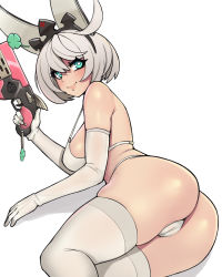 Rule 34 | 1girl, ahoge, ass, bikini, breasts, cameltoe, cleft of venus, clover, dark persona, donburi (donburikazoku), elbow gloves, elphelt valentine, four-leaf clover, gloves, green eyes, guilty gear, guilty gear xrd, gun, hairband, handgun, highres, holding, holding gun, holding weapon, huge ahoge, large breasts, legs together, lips, looking back, lying, on side, short hair, sideboob, silver hair, skindentation, smile, solo, spiked hairband, spikes, spoilers, strap gap, swimsuit, thick thighs, thighhighs, thighs, thong, thong bikini, trigger discipline, weapon, white background, white bikini, white gloves, white thighhighs