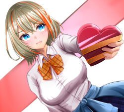 Rule 34 | 1girl, absurdres, akai watame, blonde hair, blue eyes, blue jacket, blue skirt, blush, bow, bowtie, box, breasts, clothes around waist, commentary request, cowboy shot, crossed bangs, dutch angle, hair between eyes, heart-shaped box, highres, holding, holding box, jacket, jacket around waist, large breasts, looking to the side, medium bangs, multicolored hair, nanashi inc., open mouth, orange bow, orange bowtie, orange hair, plaid, plaid bow, plaid bowtie, short hair, skirt, solo, touri sei, two-tone hair, valentine, virtual youtuber