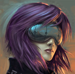 Rule 34 | 00s, 1girl, cyberpunk, cyborg, daniel conway, female focus, ghost in the shell, ghost in the shell stand alone complex, goblin (artist), head-mounted display, kusanagi motoko, lipstick, makeup, portrait, purple hair, realistic, short hair, solo