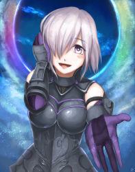 Rule 34 | 1girl, aokawa (blueriver), armor, bare shoulders, breasts, elbow gloves, fate/grand order, fate (series), gloves, hair over one eye, large breasts, looking at viewer, mash kyrielight, open mouth, purple eyes, purple hair, short hair, smile, solo