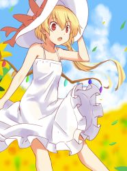 Rule 34 | 1girl, alternate costume, blonde hair, bow, cloud, day, dress, flandre scarlet, hand on headwear, hat, open mouth, petals, red eyes, shimouki izui, short hair, side ponytail, sky, solo, sundress, touhou, wind, wings