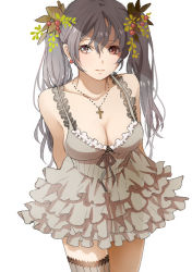 Rule 34 | 1girl, breasts, cleavage, cross, cross necklace, dress, earrings, female focus, frills, grey dress, grey hair, grey thighhighs, hair ornament, hishi (k-xaby), jewelry, long hair, looking away, necklace, original, red eyes, ribbon, single thighhigh, sleeveless, sleeveless dress, solo, striped clothes, striped thighhighs, thighhighs, twintails