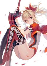 Rule 34 | 1girl, aestus estus, ass, asymmetrical footwear, asymmetrical legwear, black footwear, black thighhighs, blonde hair, boots, breasts, closed mouth, commentary request, cropped jacket, fate/extra, fate (series), gloves, green eyes, hair intakes, hair ribbon, high heel boots, high heels, holding, holding sword, holding weapon, jacket, knees up, medium breasts, mismatched footwear, mismatched legwear, nero claudius (fate), nero claudius (fate) (all), nero claudius (fate/extra), official alternate costume, petals, ponytail, puffy short sleeves, puffy sleeves, race queen, red footwear, red jacket, red ribbon, red thighhighs, ribbon, ritsuki, short sleeves, sidelocks, sitting, smile, solo, sword, thigh boots, thighhighs, weapon, white background, white gloves, white thighhighs