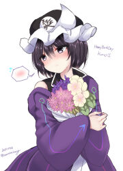 Rule 34 | 1other, androgynous, black hat, black shirt, blush, bouquet, closed mouth, coat, collared shirt, commentary request, dated, english text, flower, frown, happy birthday, hat, highres, holding, holding bouquet, len&#039;en, long sleeves, mob cap, other focus, ougi hina, purple coat, purple eyes, purple hair, shirt, shitodo kuroji, short hair, solo, spoken blush, twitter username, wide sleeves