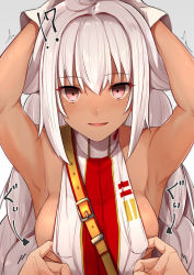 Rule 34 | !?, 1girl, armpits, arms behind head, assisted exposure, bare shoulders, blush, braid, breasts, dark skin, fate/grand order, fate (series), gloves, grey hair, hair between eyes, lakshmibai (fate), light blush, light smile, long hair, looking at viewer, pink eyes, pov, pov hands, sideboob, sleeveless, small breasts, solo focus, twin braids, upper body, very long hair, white gloves, yuuzuki (re&#039;ef)