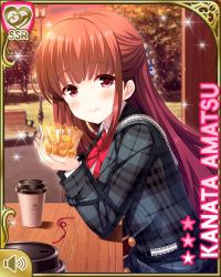 Rule 34 | 1girl, amatsu kanata, bench, black coat, blazer, blue jacket, bow, bowtie, brown hair, card, character name, closed mouth, coat, day, girlfriend (kari), holding, jacket, long hair, official art, outdoors, plaid, plaid coat, plaid skirt, qp:flapper, red bow, red eyes, red skirt, school uniform, shirt, sitting, skirt, smile, solo, table, tagme, white day, white shirt