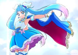 Rule 34 | 1girl, ahoge, blue eyes, blue hair, boh stick, bow, cape, commentary request, cure sky, detached sleeves, earrings, gradient hair, hirogaru sky! precure, jewelry, long hair, magical girl, multicolored hair, pink bow, pink hair, precure, puffy detached sleeves, puffy sleeves, single sidelock, skirt, smile, solo, sora harewataru, thighhighs, twintails, two-sided cape, two-sided fabric, wing hair ornament, zettai ryouiki