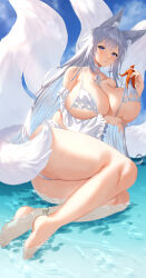 Rule 34 | 1girl, absurdres, animal ears, ass, ass focus, azur lane, bikini, breasts, cleavage, day, detached sleeves, feet, foot focus, fox ears, fox girl, fox tail, highres, huge ass, huge breasts, kayoubi (tuesday 91), kitsune, kyuubi, large tail, long hair, looking at viewer, multiple tails, official alternate costume, outdoors, purple eyes, shinano (azur lane), shinano (dreamy white sands) (azur lane), solo, starfish, swimsuit, tail, thick thighs, thighs, untied bikini, very long hair, water, white bikini, white hair, white tail