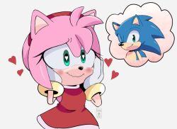 Rule 34 | 1boy, 1girl, amy rose, animal ears, animal nose, artist logo, artist name, blush, bracelet, closed mouth, dress, eyelashes, flat chest, furry, furry female, gloves, green eyes, hairband, hands on own cheeks, hands on own face, heart, heart-shaped pupils, hedgehog ears, hedgehog girl, hikariviny, jewelry, one eye closed, pink hair, red dress, red hairband, short hair, simple background, sleeveless, sleeveless dress, smile, solo focus, sonic (series), sonic the hedgehog, standing, symbol-shaped pupils, thought bubble, upper body, wavy mouth, white background, wink