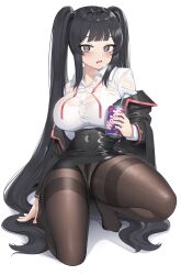 Rule 34 | 1girl, @ @, absurdres, black hair, black jacket, black skirt, blush, bra, bra visible through clothes, breasts, can, commission, covered navel, drooling, goback, heavy breathing, highres, holding, holding can, jacket, jacket partially removed, large breasts, long hair, mouth drool, neck ribbon, no shoes, original, panties, panties under pantyhose, pantyhose, shirt, simple background, skirt, solo, squatting, sweatdrop, toes, twintails, underwear, undone neck ribbon, very long hair, white background, white bra, white panties, white shirt