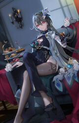 1girl black_bodysuit black_footwear black_gloves black_thighhighs bodysuit breasts candlestand candy cleavage_cutout closed_mouth clothing_cutout couch crossed_legs food gloves grey_hair high_heels highres honkai_(series) honkai_impact_3rd indoors large_breasts long_hair official_art on_couch purple_eyes rabbit second-party_source single_glove single_leg_bodysuit single_thighhigh sitting smile solo taichi_(yirkorn) thighhighs too_many too_many_rabbits very_long_hair vita_(honkai_impact)