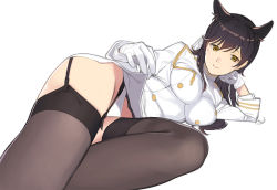 Rule 34 | 1girl, aiguillette, animal ears, arm support, atago (azur lane), azur lane, bad proportions, black hair, black thighhighs, blush, breasts, buttons, closed mouth, double-breasted, garter straps, gloves, long hair, long sleeves, looking at viewer, lying, medium breasts, mibu natsuki, military, military uniform, miniskirt, mole, mole under eye, on side, panties, side slit, simple background, skirt, smile, solo, tareme, thighhighs, thighs, underwear, uniform, upskirt, white background, white gloves, white panties, white skirt, yellow eyes