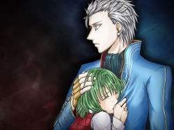 Rule 34 | 1boy, 1girl, artist request, blue coat, blue eyes, coat, comforting, crossover, crying, devil may cry (series), fingerless gloves, gloves, green hair, hand on another&#039;s head, kazami yuuka, m.u.g.e.n, plaid, plaid vest, shirt, tears, touhou, vergil (devil may cry), vest, white hair, white shirt