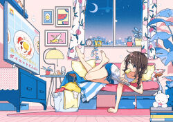 Rule 34 | 1girl, bare shoulders, barefoot, book, brown eyes, brown hair, controller, couch, crescent moon, egg, food in mouth, holding, holding remote control, keishin, lying, moon, night, night sky, on side, original, plant, popsicle, popsicle in mouth, remote control, shorts, sky, stuffed animal, stuffed toy, teddy bear, thighs, watching television