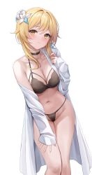 Rule 34 | 1girl, absurdres, bare shoulders, bikini, blush, breasts, cleavage, closed mouth, collarbone, flower, genshin impact, hair ornament, highres, long hair, long sleeves, looking at viewer, lumine (genshin impact), lunacle, medium breasts, navel, simple background, smile, standing, swimsuit