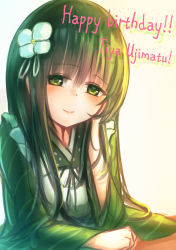 Rule 34 | 1girl, ama usa an uniform, apron, blunt bangs, blush, borushichi, breasts, brown hair, character name, closed mouth, commentary request, english text, flower, gochuumon wa usagi desu ka?, gradient background, green eyes, green kimono, hair flower, hair ornament, hand rest, happy birthday, highres, japanese clothes, kimono, long hair, long sleeves, looking at viewer, maid apron, polka dot trim, ribbon, sidelocks, small breasts, smile, solo, striped clothes, striped kimono, two-tone background, ujimatsu chiya, upper body, white apron, white flower, white ribbon, wide sleeves