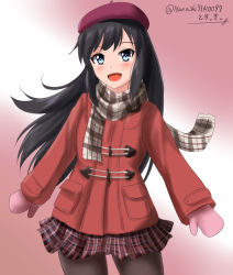 Rule 34 | 1girl, alternate costume, asashio (kancolle), beret, black hair, blue eyes, brown pantyhose, coat, commentary request, cowboy shot, dated, duffel coat, gradient background, hat, kantai collection, long hair, looking at viewer, mittens, one-hour drawing challenge, pantyhose, pink background, pink mittens, plaid, plaid scarf, plaid skirt, pleated skirt, pocket, red coat, red hat, scarf, skirt, smile, solo, standing, twitter username, winter clothes, zanntetu