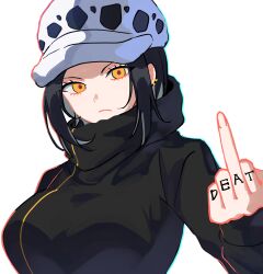 Rule 34 | 1girl, absurdres, black coat, black hair, border, closed mouth, coat, commentary, earrings, genderswap, genderswap (mtf), hand tattoo, hat, high collar, highres, jewelry, kasuga kaya, long sleeves, looking at viewer, middle finger, one piece, sidelocks, simple background, solo, tattoo, trafalgar law, upper body, white background, white border, yellow eyes