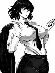 Rule 34 | 1girl, formal, fubuki (one-punch man), holding, holding clothes, holding jacket, jacket, medium hair, miss faves, monochrome, necktie, one-punch man, parted lips, shirt, solo, standing, suit