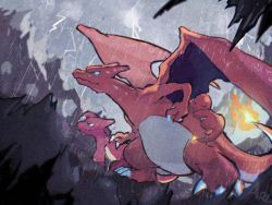 Rule 34 | arc draws, charizard, charmander, charmeleon, claws, closed mouth, commentary request, creatures (company), evolutionary line, fire, fire, flame-tipped tail, from side, game freak, gen 1 pokemon, looking up, nintendo, outdoors, pokemon, pokemon (creature), pokemon on back, rain, standing