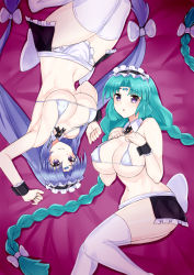 Rule 34 | 2girls, ass, bed sheet, bikini, blue hair, blush, braid, breasts, canal vorfeed, facial mark, forehead mark, green hair, highres, huge breasts, large breasts, long hair, looking at viewer, lost universe, lying, maid, maid bikini, maid headdress, multiple girls, paid reward available, purple eyes, smile, solo, swimsuit, thighhighs, thighs, twin braids, unconventional maid, very long hair, white thighhighs, zatsu