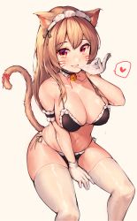 Rule 34 | 1girl, animal ear fluff, animal ears, arm up, armband, bare shoulders, bell, bikini, biting, black bikini, blush, bow, breasts, brown hair, cat ears, cat girl, cat tail, choker, cleavage, collarbone, commentary request, frilled bikini, frills, glove biting, gloves, hair between eyes, heart, highres, jingle bell, large breasts, long hair, looking at viewer, maid, maid headdress, mouth hold, naingnaing, navel, open mouth, original, red eyes, ribbon, simple background, sitting, skindentation, smile, solo, spoken heart, string bikini, swimsuit, tail, tail ornament, tail raised, tail ribbon, thighhighs, thighs, water drop, wet, wet hair, white background, white bow, white gloves, white thighhighs