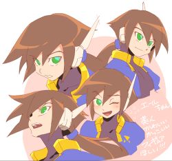 Rule 34 | 1girl, aile (mega man zx), blush, brown hair, closed mouth, expressions, face, female focus, green eyes, hair between eyes, kon (kin219), long hair, looking up, mega man (series), mega man zx, mega man zx advent, multiple views, one eye closed, open mouth, ponytail, robot ears, serious, smile