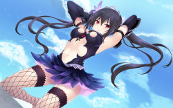 Rule 34 | 1girl, :o, alternate costume, armpits, arms behind head, bare shoulders, black dress, black gloves, black hair, blue sky, breasts, cait aron, cloud, cloudy sky, day, diadem, dress, elbow gloves, feather skirt, fishnet thighhighs, fishnets, gloves, hair between eyes, hair ribbon, highres, long hair, looking at viewer, medium breasts, midriff, navel, neptune (series), noire (neptunia), pink skirt, red eyes, ribbon, skirt, sky, solo, thighhighs, twintails, very long hair