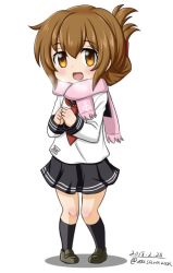 Rule 34 | 1girl, anchor symbol, black skirt, black socks, breath, brown eyes, brown hair, dated, folded ponytail, full body, inazuma (kancolle), kantai collection, kneehighs, loafers, long hair, masara (chuujou), neckerchief, pigeon-toed, pink scarf, pleated skirt, red neckerchief, scarf, school uniform, serafuku, shoes, simple background, skirt, socks, solo, standing, twitter username, white background