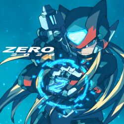 Rule 34 | 1boy, 2024, absurdres, android, blonde hair, blue background, blue eyes, character name, commentary request, english text, gun, helmet, highres, holding, holding gun, holding weapon, iikoao, long hair, male focus, mega man (series), mega man zero (series), mega man zero 4, solo, weapon, zero(z) (mega man), zero (mega man)