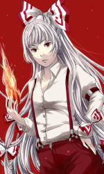 Rule 34 | 1girl, female focus, fire, fujiwara no mokou, highres, long hair, meso, red background, simple background, solo, suspenders, touhou