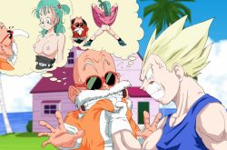 Rule 34 | 1girl, 2boys, anger vein, angry, aqua hair, bald, beard, belt, blonde hair, blurry, blurry background, breasts, bulging eyes, bulma, clenched teeth, clothes pull, cloud, coconut tree, dimples of venus, dragon ball, dragonball z, dress, dress pull, eye pop, facial hair, flashing, flying sweatdrops, gloves, green hair, hair bobbles, hair ornament, highres, kame house, large breasts, long hair, multiple boys, muten roushi, nightgown, nightgown lift, nipples, no bra, no panties, old, old man, one side up, outdoors, palm tree, pink nightgown, scared, sky, spread legs, standing, sunglasses, super saiyan, sweatdrop, teeth, thought bubble, tree, vegeta, white gloves