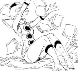Rule 34 | 1girl, atlus, bad id, bb (baalbuddy), book, boots, breasts, dress, elizabeth (persona), floating book, floating object, greyscale, happy, hat, inactive account, monochrome, persona, persona 3, shin megami tensei, short dress, short hair, sitting, sketch, small breasts, solo, too many, too many books