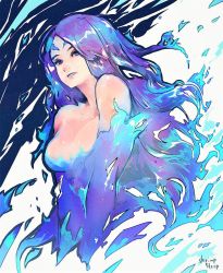 Rule 34 | 1girl, alternate costume, bad id, bad twitter id, bare shoulders, blue eyes, breasts, brighid (xenoblade), cleavage, collarbone, fire, gloves, highres, long hair, looking at viewer, medium breasts, nintendo, purple hair, shrimqsleeq, simple background, smile, solo, unusually open eyes, xenoblade chronicles (series), xenoblade chronicles 2